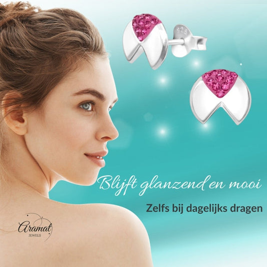 Geometrische Zilveren Oorbellen - met roze kristal - Aramat Jewels - Oorbellen - cadeautip