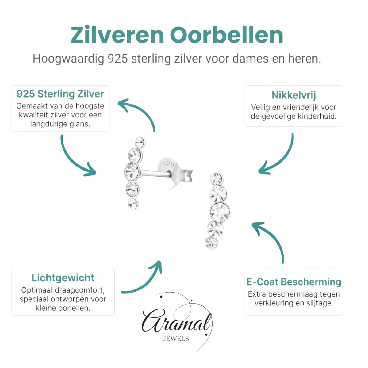 Glinsterende zilveren Oorbellen met 10x3mm Kristal - Aramat Jewels - Oorbellen - cadeautip