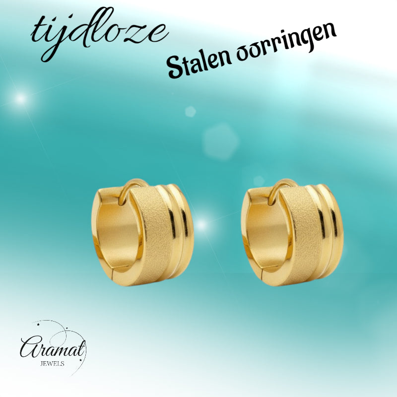 Earrings – Gold-Colored Stainless Steel Sandblasted &amp; Shiny Stripes (13x7mm) 