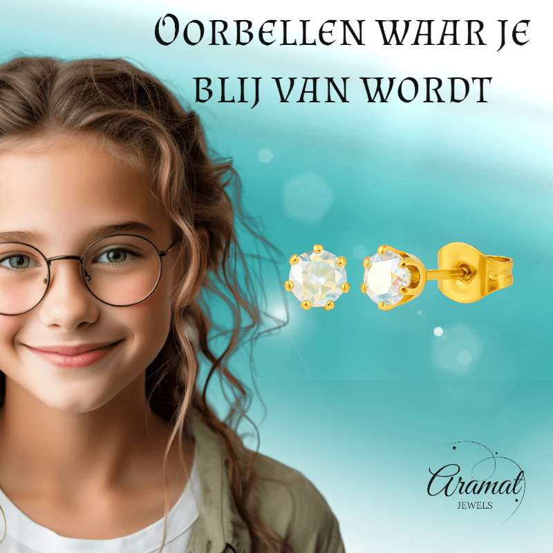 Goudkleurige AB zirkonia oorbellen – 4 mm - oor2094 - Oorbellen kopen# - 4mm - AB - AB Transparant