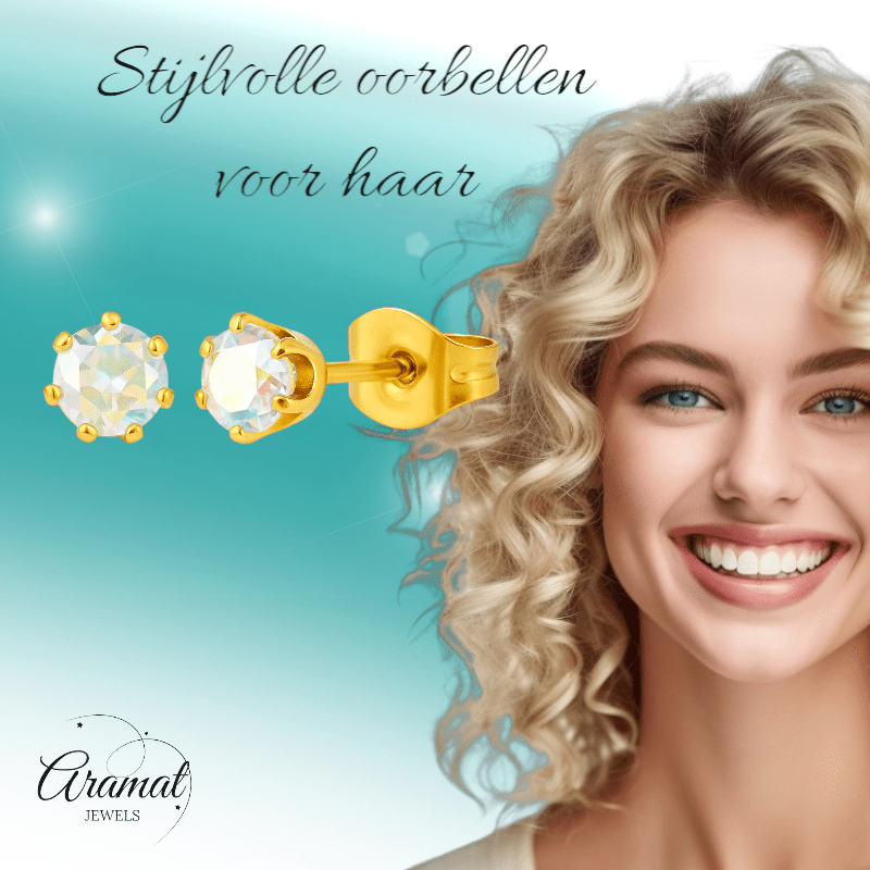 Goudkleurige AB zirkonia oorbellen – 4 mm - oor2094 - Oorbellen kopen# - 4mm - AB - AB Transparant