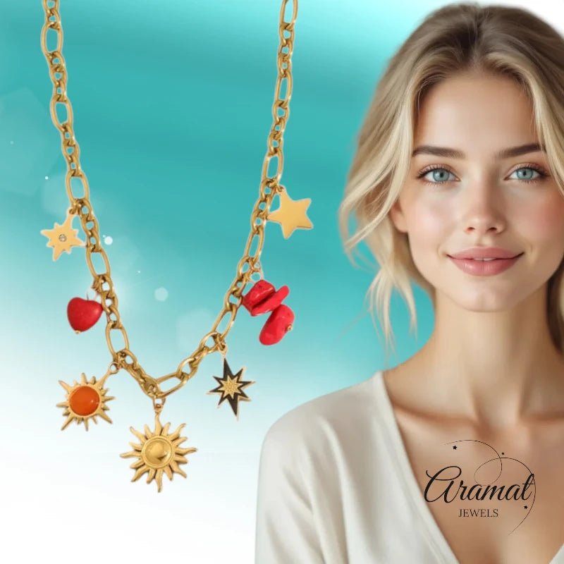 Goudkleurige bedel ketting met zon, hart & natuursteen - ket1164 - 661491 - Halskettingen kopen# - 40cm - alles - Bedelketting