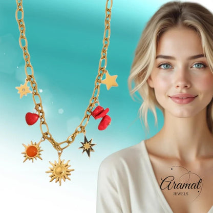 Goudkleurige bedel ketting met zon, hart & natuursteen - ket1164 - 661491 - Halskettingen kopen# - 40cm - alles - Bedelketting