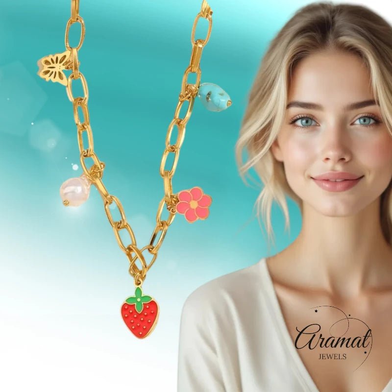 Goudkleurige bedelketting met parel, emaille & steen – 40+5 cm - ket1181 - 693727 - Halskettingen kopen# - 45cm - alles - Bedelketting