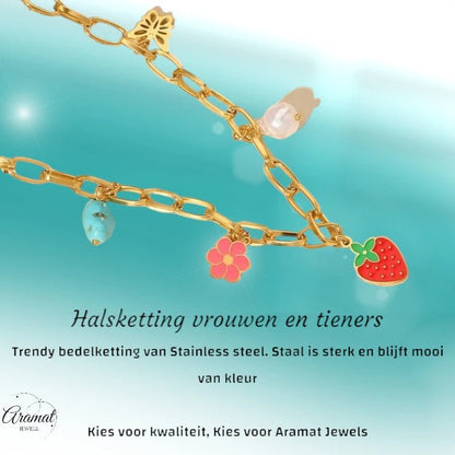 Goudkleurige bedelketting met parel, emaille & steen – 40+5 cm - ket1181 - 693727 - Halskettingen kopen# - 45cm - alles - Bedelketting