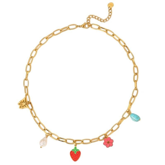 Goudkleurige bedelketting met parel, emaille & steen – 40+5 cm - ket1181 - 693727 - Halskettingen kopen# - 45cm - alles - Bedelketting