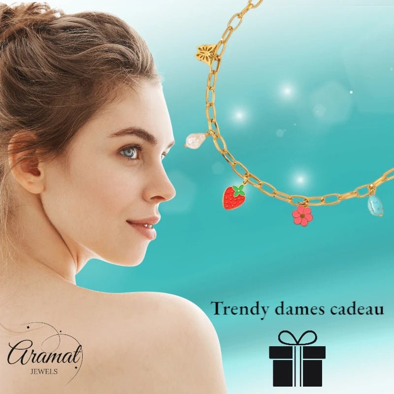 Goudkleurige bedelketting met parel, emaille & steen – 40+5 cm - ket1181 - 693727 - Halskettingen kopen# - 45cm - alles - Bedelketting