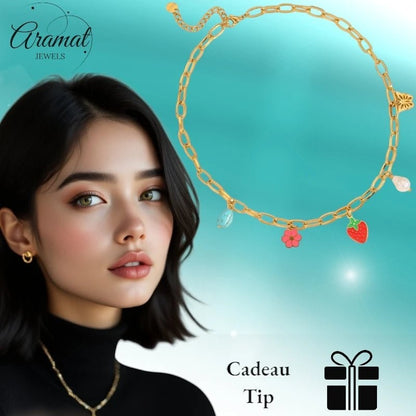 Goudkleurige bedelketting met parel, emaille & steen – 40+5 cm - ket1181 - 693727 - Halskettingen kopen# - 45cm - alles - Bedelketting