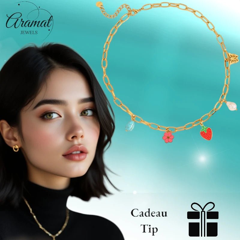 Goudkleurige bedelketting met parel, emaille & steen – 40+5 cm - ket1181 - 693727 - Halskettingen kopen# - 45cm - alles - Bedelketting