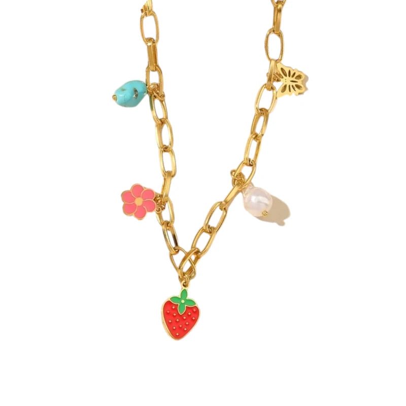 Goudkleurige bedelketting met parel, emaille & steen – 40+5 cm - ket1181 - 693727 - Halskettingen kopen# - 45cm - alles - Bedelketting