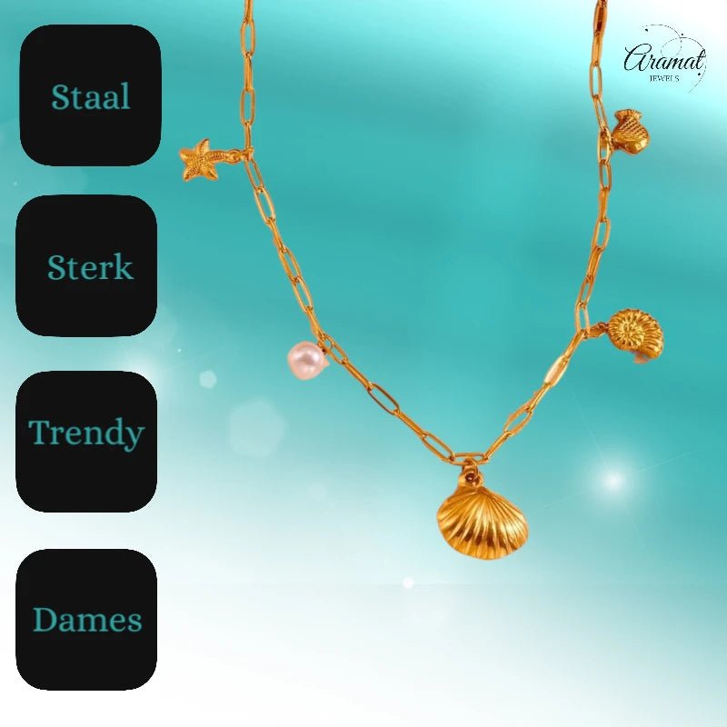 Goudkleurige bedelketting met parel & zeethema - ket1162 - 511145 - Halskettingen kopen# - 45cm - alles - Bedelketting