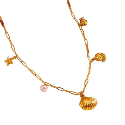 Goudkleurige bedelketting met parel & zeethema - ket1162 - 511145 - Halskettingen kopen# - 45cm - alles - Bedelketting