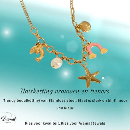 Goudkleurige bedelketting met roze emaille & parel – 40+5 cm - ket1180 - 544183 - Halskettingen kopen# - 45cm - alles - Bedelketting