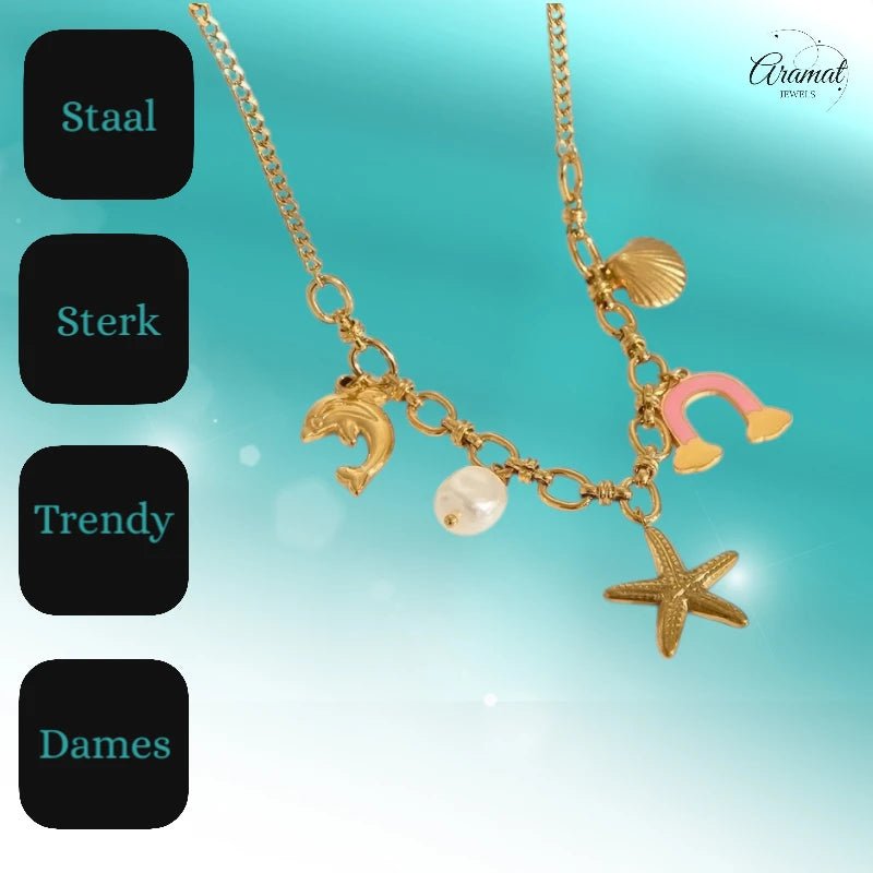 Goudkleurige bedelketting met roze emaille & parel – 40+5 cm - ket1180 - 544183 - Halskettingen kopen# - 45cm - alles - Bedelketting