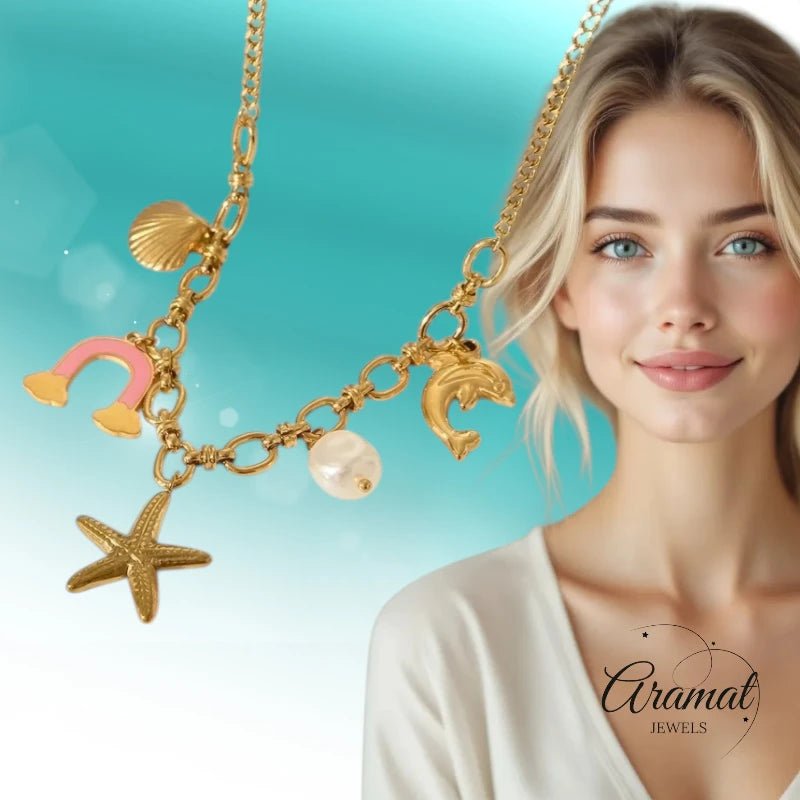 Goudkleurige bedelketting met roze emaille & parel – 40+5 cm - ket1180 - 544183 - Halskettingen kopen# - 45cm - alles - Bedelketting