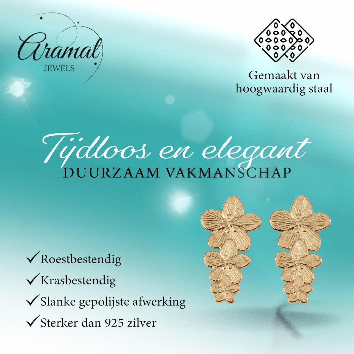 Goudkleurige Bloemen Oorstekers 42x22mm - Statement - Aramat Jewels - RVS Sieraden - Oorbellen - cadeautip