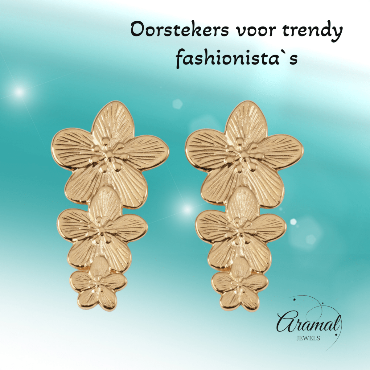Goudkleurige Bloemen Oorstekers 42x22mm - Statement - Aramat Jewels - RVS Sieraden - Oorbellen - cadeautip