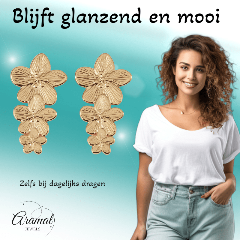 Goudkleurige Bloemen Oorstekers 42x22mm - Statement - Aramat Jewels - RVS Sieraden - Oorbellen - cadeautip