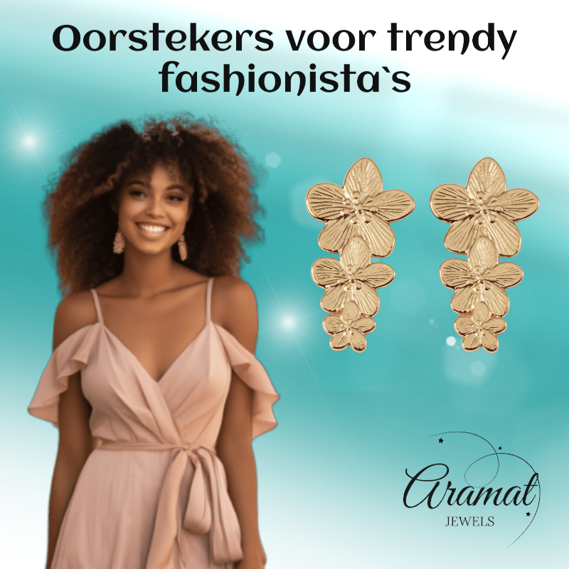 Goudkleurige Bloemen Oorstekers 42x22mm - Statement - Aramat Jewels - RVS Sieraden - Oorbellen - cadeautip
