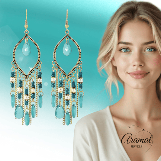 Goudkleurige Boho Oorhangers - Druppelvormig - Mint Groen - oor6113 - Oorhangers kopen# - alles - boho - dames