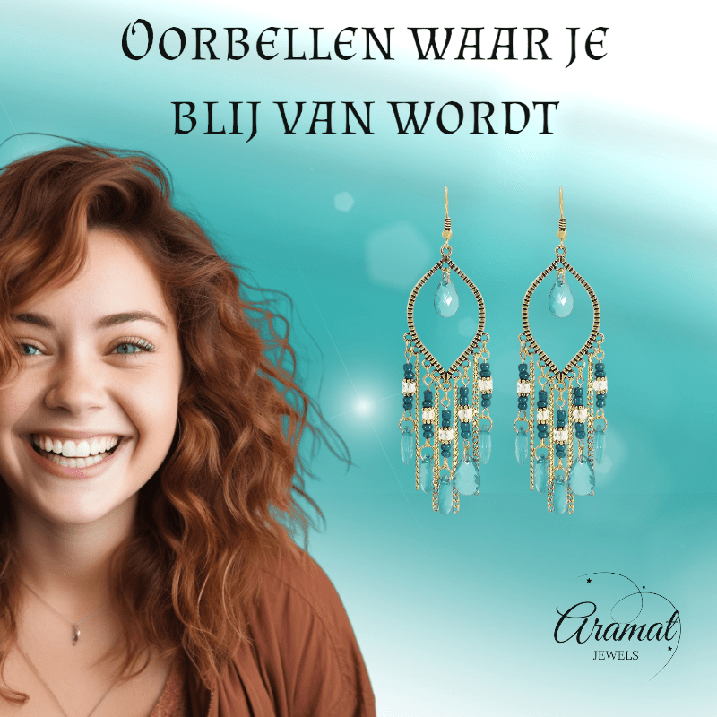 Goudkleurige Boho Oorhangers - Druppelvormig - Mint Groen - oor6113 - Oorhangers kopen# - alles - boho - dames