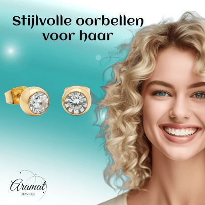Goudkleurige Bolletjes Oorbellen met Zirkonia - Aramat Jewels - Oorbellen - cadeautip