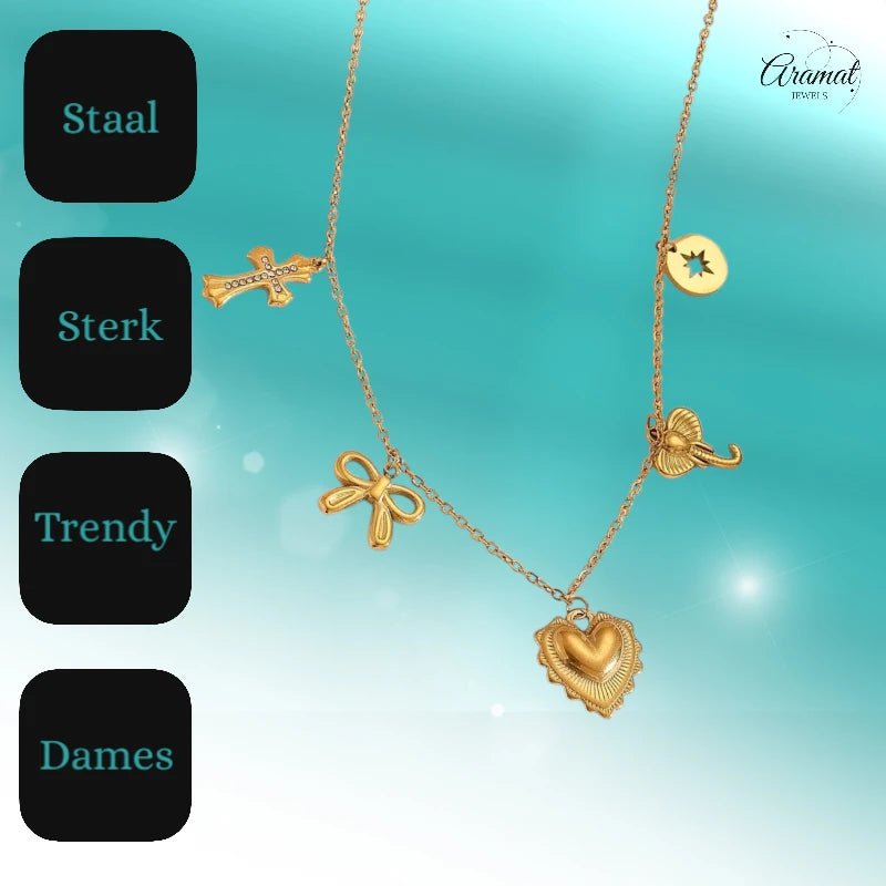 Goudkleurige damesketting met kristal en bedels - ket1167 - 919868 - Halskettingen kopen# - 40cm - alles - Bedelketting