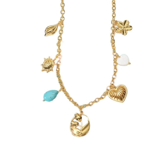 Goudkleurige damesketting met natuursteen & schelpbedels – 45+5 cm - ket1178 - 769523 - Halskettingen kopen# - 45cm - alles - Bedelketting