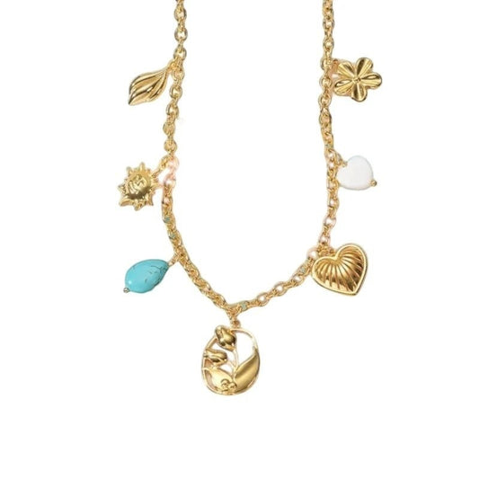 Goudkleurige damesketting met natuursteen & schelpbedels – 45+5 cm - ket1178 - 769523 - Halskettingen kopen# - 45cm - alles - Bedelketting