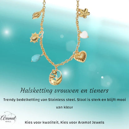 Goudkleurige damesketting met natuursteen & schelpbedels – 45+5 cm - ket1178 - 769523 - Halskettingen kopen# - 45cm - alles - Bedelketting