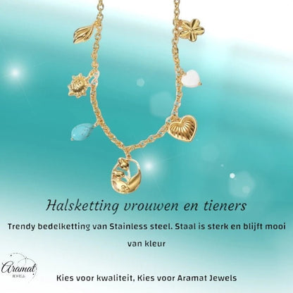 Goudkleurige damesketting met natuursteen & schelpbedels – 45+5 cm - ket1178 - 769523 - Halskettingen kopen# - 45cm - alles - Bedelketting