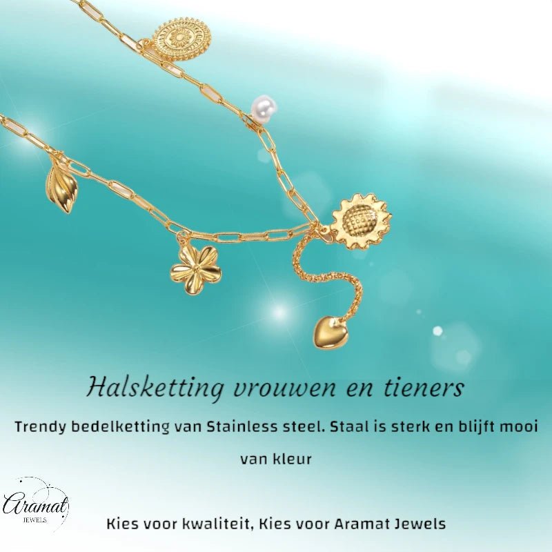 Goudkleurige damesketting met parel en bedels – 45+5 cm - ket1176 - 769522 - Halskettingen kopen# - 45cm - alles - Bedelketting