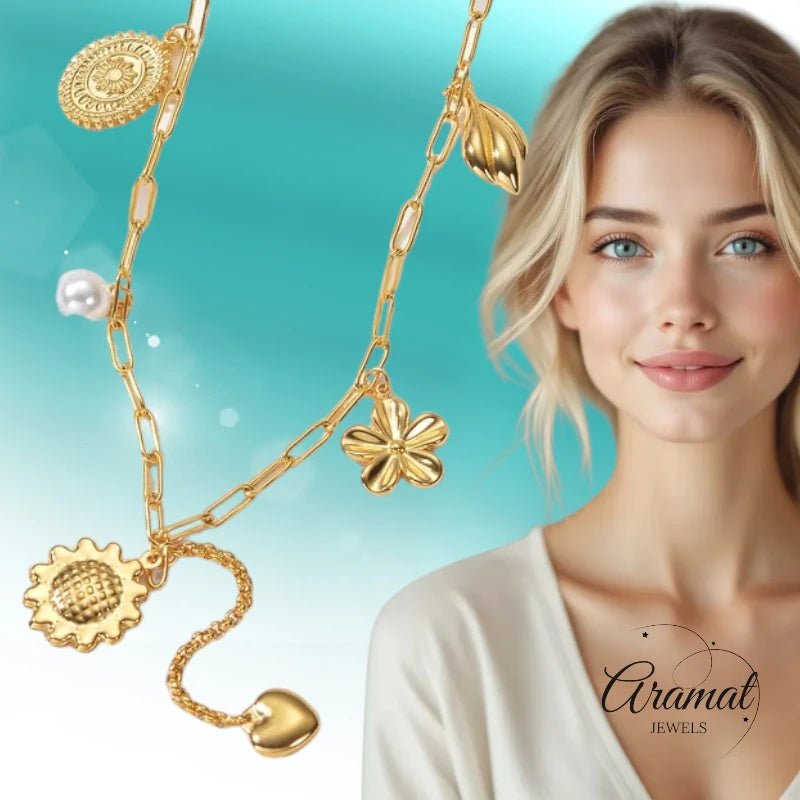 Goudkleurige damesketting met parel en bedels – 45+5 cm - ket1176 - 769522 - Halskettingen kopen# - 45cm - alles - Bedelketting