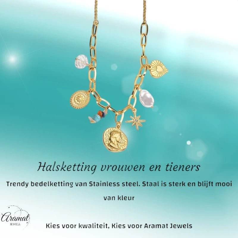 Goudkleurige damesketting met parel & kristalbedels – 45+5 cm - ket1177 - 769521 - Halskettingen kopen# - 45cm - alles - Bedelketting
