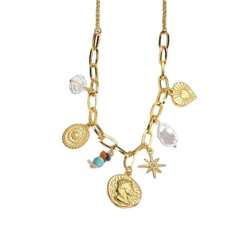 Goudkleurige damesketting met parel & kristalbedels – 45+5 cm - ket1177 - 769521 - Halskettingen kopen# - 45cm - alles - Bedelketting