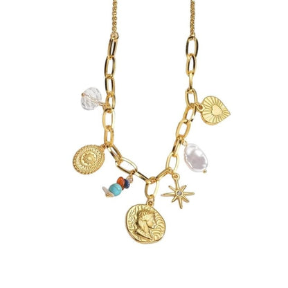 Goudkleurige damesketting met parel & kristalbedels – 45+5 cm - ket1177 - 769521 - Halskettingen kopen# - 45cm - alles - Bedelketting