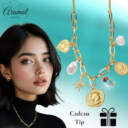 Goudkleurige damesketting met parel & kristalbedels – 45+5 cm - ket1177 - 769521 - Halskettingen kopen# - 45cm - alles - Bedelketting