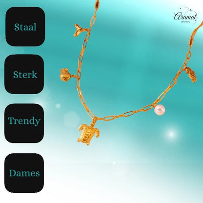 Goudkleurige damesketting met parel & zee - bedels – 45 cm - ket1174 - 511141 - Halskettingen kopen# - 45cm - alles - Bedelketting
