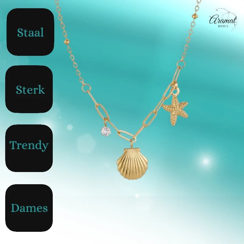 Goudkleurige damesketting met schelp & zirkonia – 40+5 cm - ket1171 - 658905 - Halskettingen kopen# - 40cm - alles - Bedelketting