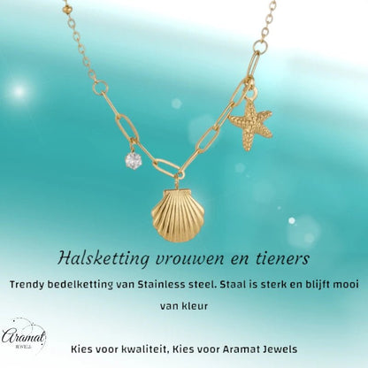 Goudkleurige damesketting met schelp & zirkonia – 40+5 cm - ket1171 - 658905 - Halskettingen kopen# - 40cm - alles - Bedelketting
