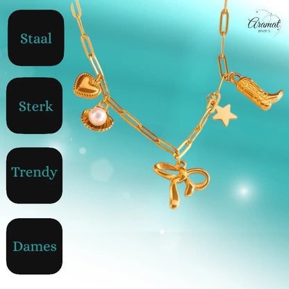 Goudkleurige damesketting met speelse bedels – 45+5 cm - ket1166 - 511135 - Halskettingen kopen# - 45cm - alles - Bedelketting