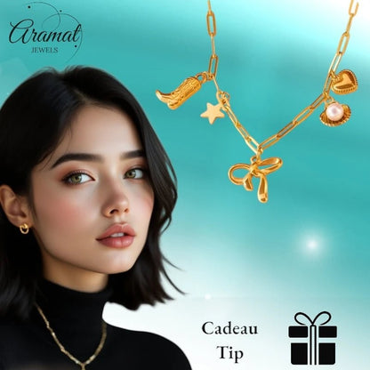 Goudkleurige damesketting met speelse bedels – 45+5 cm - ket1166 - 511135 - Halskettingen kopen# - 45cm - alles - Bedelketting