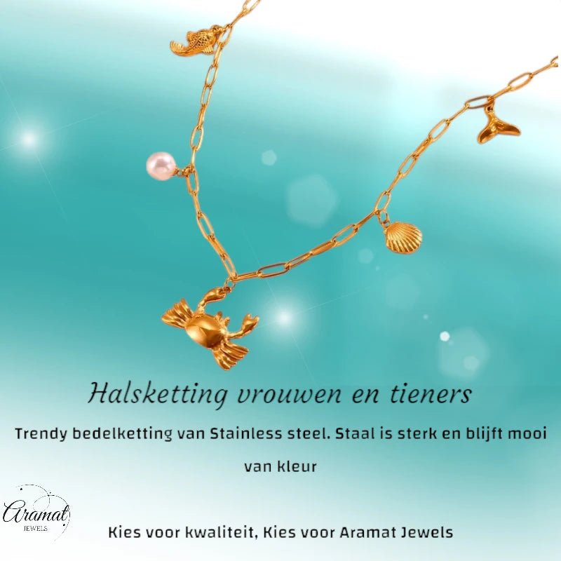 Goudkleurige damesketting met zee - bedels – 45 cm - ket1168 - 511144 - Halskettingen kopen# - 45cm - alles - Bedelketting