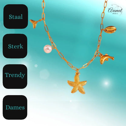 Goudkleurige damesketting met zee - bedels en parel – 45 cm - ket1170 - 511142 - Halskettingen kopen# - 45cm - alles - Bedelketting