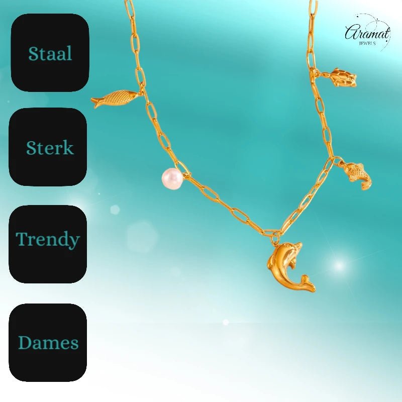 Goudkleurige damesketting met zee - bedels & parel – 45 cm - ket1175 - 511146 - Halskettingen kopen# - 45cm - alles - Bedelketting