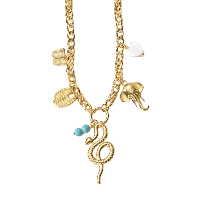 Goudkleurige gourmetketting met natuursteen & bedels – 45+5 cm - ket1179 - 769520 - Halskettingen kopen# - 45cm - alles - Bedelketting