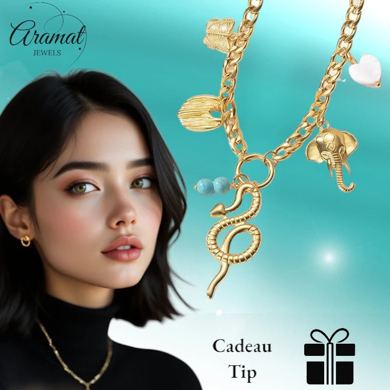 Goudkleurige gourmetketting met natuursteen & bedels – 45+5 cm - ket1179 - 769520 - Halskettingen kopen# - 45cm - alles - Bedelketting