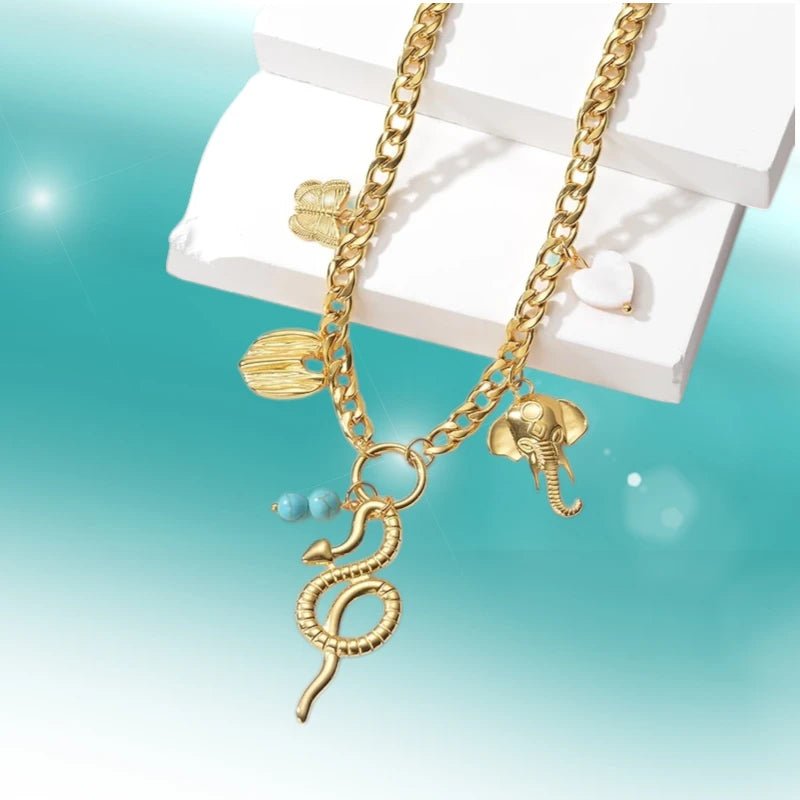 Goudkleurige gourmetketting met natuursteen & bedels – 45+5 cm - ket1179 - 769520 - Halskettingen kopen# - 45cm - alles - Bedelketting