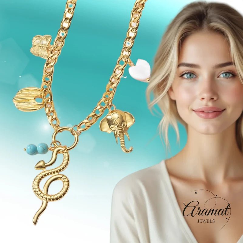 Goudkleurige gourmetketting met natuursteen & bedels – 45+5 cm - ket1179 - 769520 - Halskettingen kopen# - 45cm - alles - Bedelketting