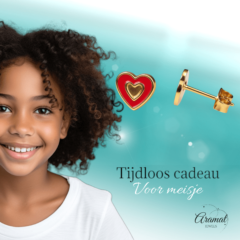 Goudkleurige hartjes oorbellen met rood emaille - oor6077 - Oorbellen kopen# - 6mm - alles - cadeau